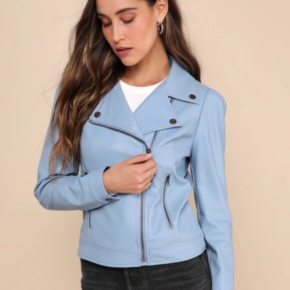 Lulu's Pretty Powerful Slate Blue Vegan Leather Puff Sleeve Moto Jacket - Picture 1 of 7